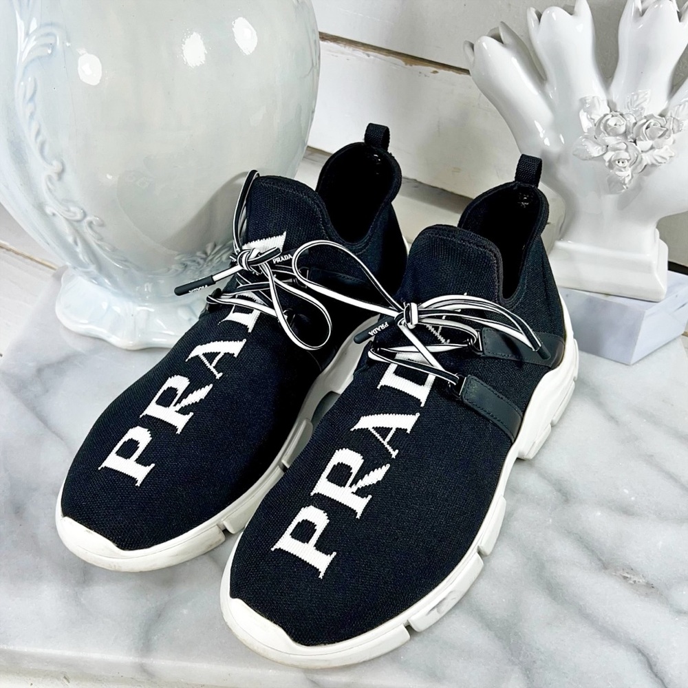 Prada Logo Leather Trim Embellishment Sock Sneakers